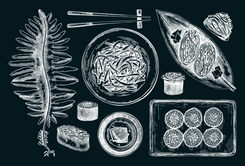 Hand drawn wakame sketches set. Edible seaweed drawing on chalkboard. Sea vegetables vector illustrations. Japanese cuisine dishes, healthy food ingredients in engraved style